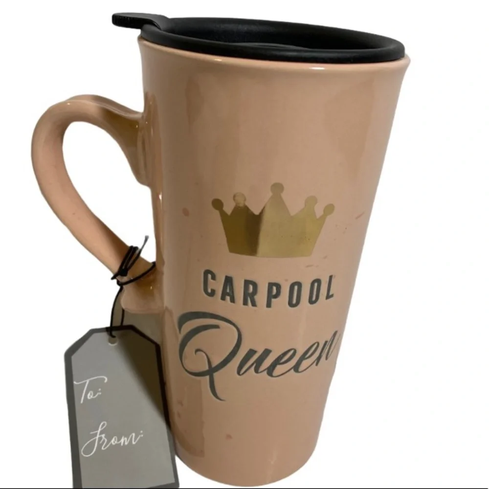 Travel Coffee Mug Ceramic Includes Removable Lid Carpool Queen Crown on Side